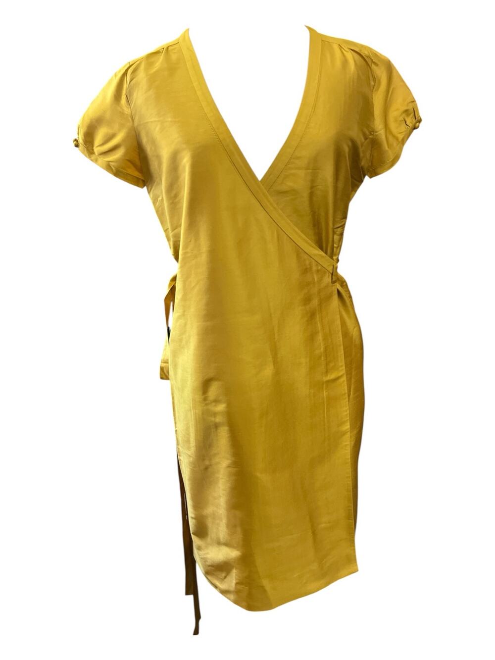 Vtg Y2K J.Crew Silk Dress-Preppy Wrap Shirt Dress-2-Golden Mustard-S Sleeve-1182